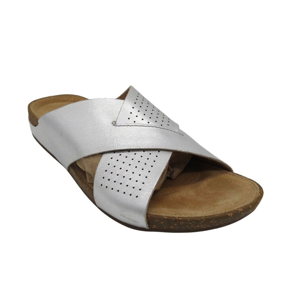 CLARK'S Women's Silver Metallic Leather Slide Sandals Perri Cove 8 Double Strap